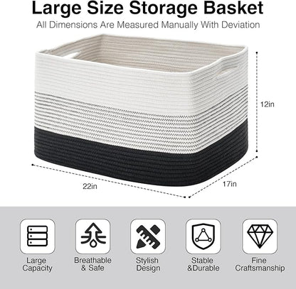Large Blanket Basket Living Room, Rectangle Toy Storage Basket, Large Baskets for Blankets, Woven Cotton Rope Baskets for Storage, Books, Shoes, Dirty Clothes, 22”x17”x12”, Gradient Black, 75L