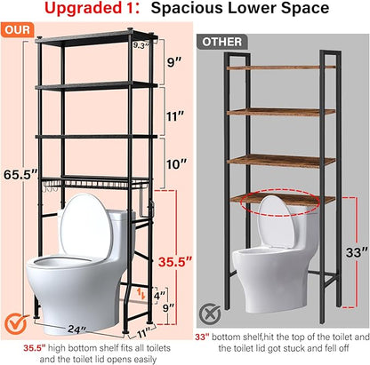 4-Tier Over-The-Toilet Storage Rack, Bathroom Organizer Shelf Over Toilet with Shelf Waterproof Feet Pad and Basket, Multifunctional Space Saver Bathroom Shelves Above Toilet for Room (Black)