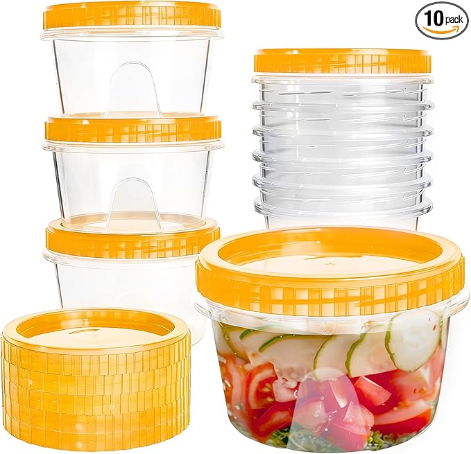 Slomg 10 Pack 16 oz Freezer Storage Containers with Yellow Twist Top Lids, Small Plastic Food Storage Soup Meal Prep Containers, Leakproof Overnight Quart Containers for Lunch Leftover Fruit Salad Oat