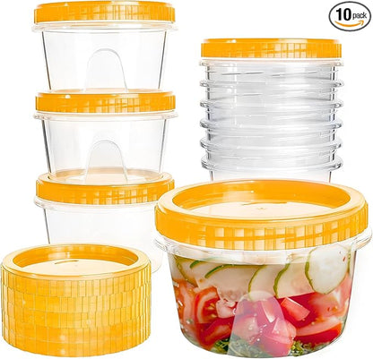 Slomg 10 Pack 16 oz Freezer Storage Containers with Yellow Twist Top Lids, Small Plastic Food Storage Soup Meal Prep Containers, Leakproof Overnight Quart Containers for Lunch Leftover Fruit Salad Oat