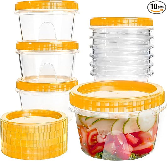 Slomg 10 Pack 16 oz Freezer Storage Containers with Yellow Twist Top Lids, Small Plastic Food Storage Soup Meal Prep Containers, Leakproof Overnight Quart Containers for Lunch Leftover Fruit Salad Oat