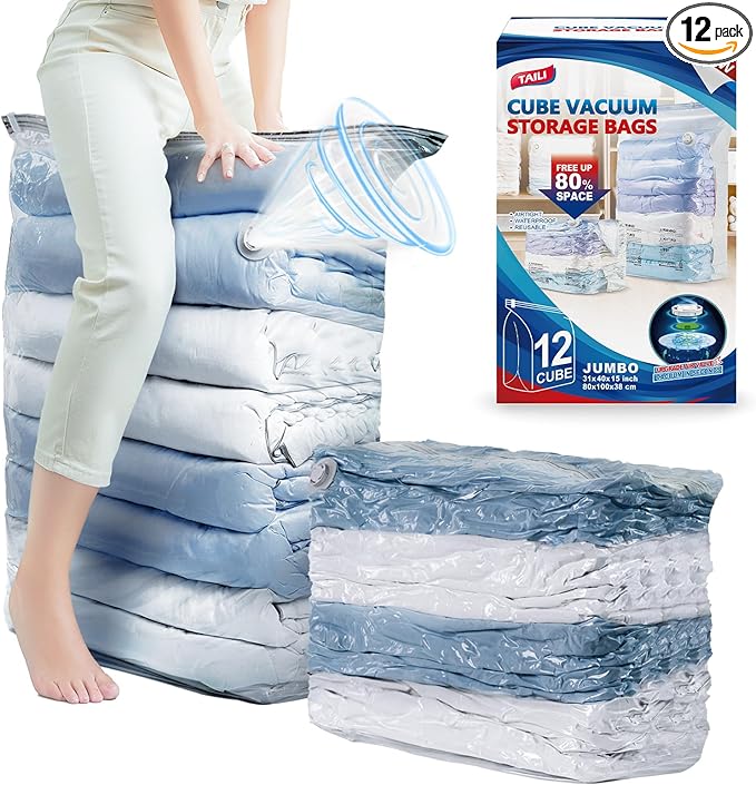 TAILI 12 Pack Vacuum Storage Bags, Jumbo Cube 31x40x15 Inch, Extra Large Vacuum Seale Bags for Comforters Blankets, Bedding, Clothing, Space Saver Closet Organization, Clear