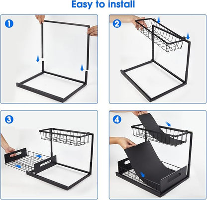 2 Pack Under Sink Organizer, 2 Tier Pull-Out Cabinet Storage Shelf, Rust-Resistant Metal Organizer for Kitchen Bathroom Laundry Room, No Tools Installation, Black