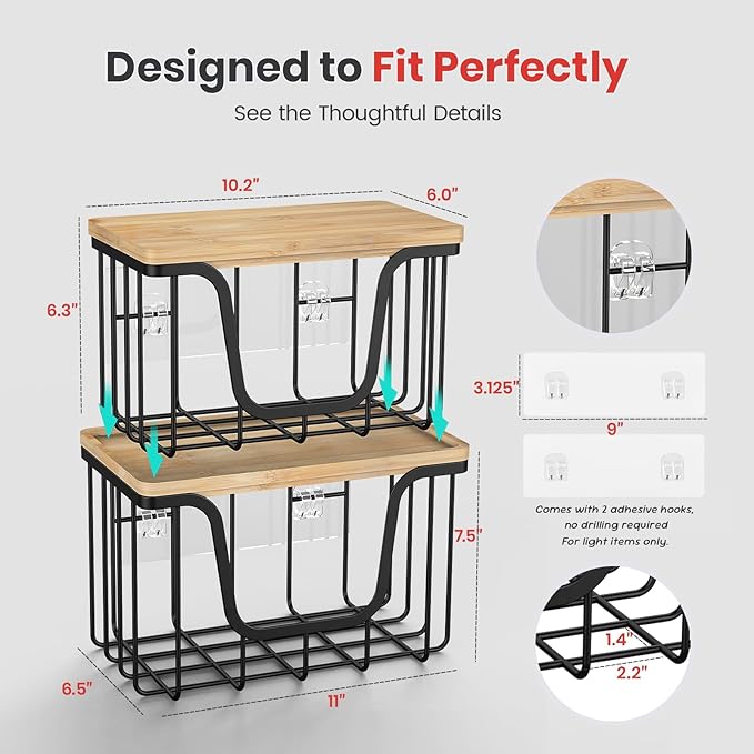 KONE Large Trash Bag Holder, 2 Pack Garbage Bag Dispenser, Storage Stackable Kitchen Organizer with Bamboo Top, Wall Mount Laundry Pantry Organization Black