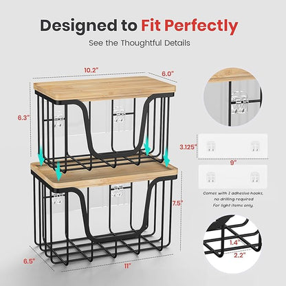KONE Large Trash Bag Holder, 2 Pack Garbage Bag Dispenser, Storage Stackable Kitchen Organizer with Bamboo Top, Wall Mount Laundry Pantry Organization Black