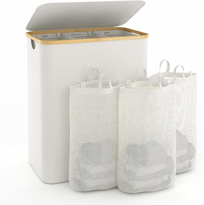 Hampers for Laundry Basket with Lid, 160L Extra Large Laundry Hamper 3 Section Dirty Clothes Hampers for Laundry Divided Laundry Basket Organizer for Bedroom,Laundry Room, Dirty Clothing Hamper, Beige