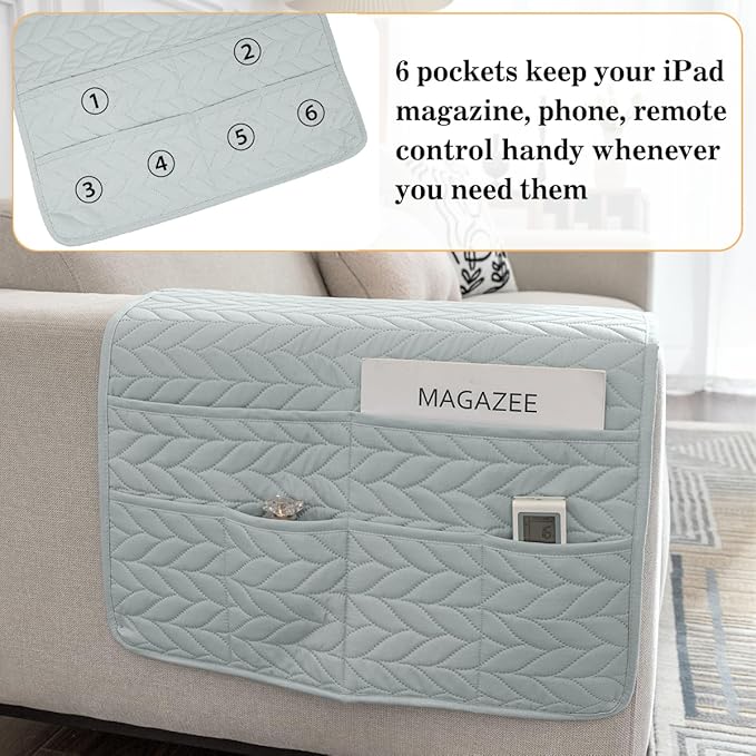 HADEEONG Sofa Armrest Organizer Arm Chair Caddy for Recliner, Remote Control Holder for Recliner, Non-Slip Armchair Caddy with 6 Pockets Storage for Magazine, Tablet, Phone, Light Grey