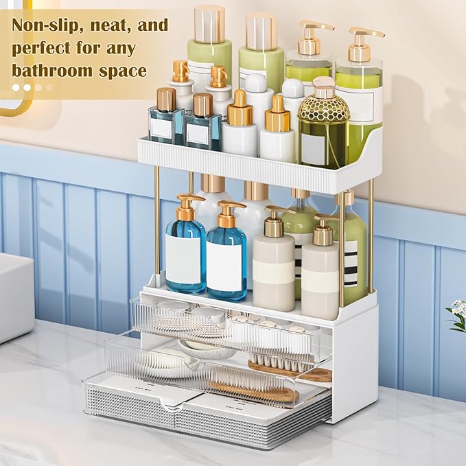 caktraie 5 Tiers Bathroom Counter Organizer - 3 Drawers Makeup Organizer, Cosmetic Storage Drawer for Dresser Countertop and Bathroom Vanity for Large Skincare, Perfume, Clear