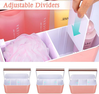 BYUNER Compact Shower Caddy Dorm - Portable Bathroom Caddy Organizer with Handle and Adjustable Divider for College Dorm & Shared Bathroom, Hard Plastic Shower Basket Tote for Toiletry Drainage, Pink