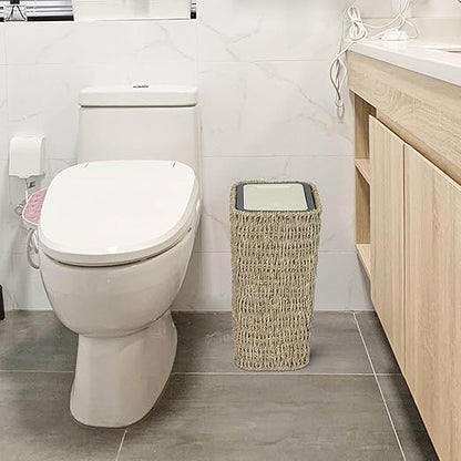 Boho Trash Can with Lid,3 Gallon Small Rattan Trash Can with Press Top Lid,Slim Wicker Waste Basket and Hamper 2 in 1 for Bathroom,Seagrass Woven Garbage Can Trash Basket for Bathroom,Kitchen