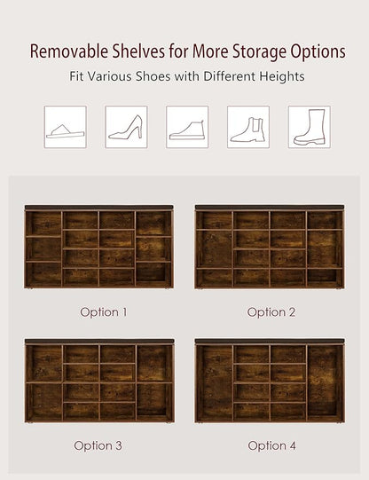 DINZI LVJ Shoe Storage Bench with Cushion, 14-Cubby Shoe Rack, Adjustable Shelves, Multifunctional Shoe Organizer Bench for Entryway, Mudroom, Hallway, Living Room, Bedroom and Garage, Rustic Brown