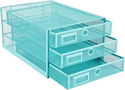 Annova Desk Organizer Wire Mesh 3 Tier Sliding Drawers Paper Sorter/Multifunctional/Premium Solid Construction for Letters, Documents, Mail, Files, Paper, Kids' Art Supplies (Turquoise)