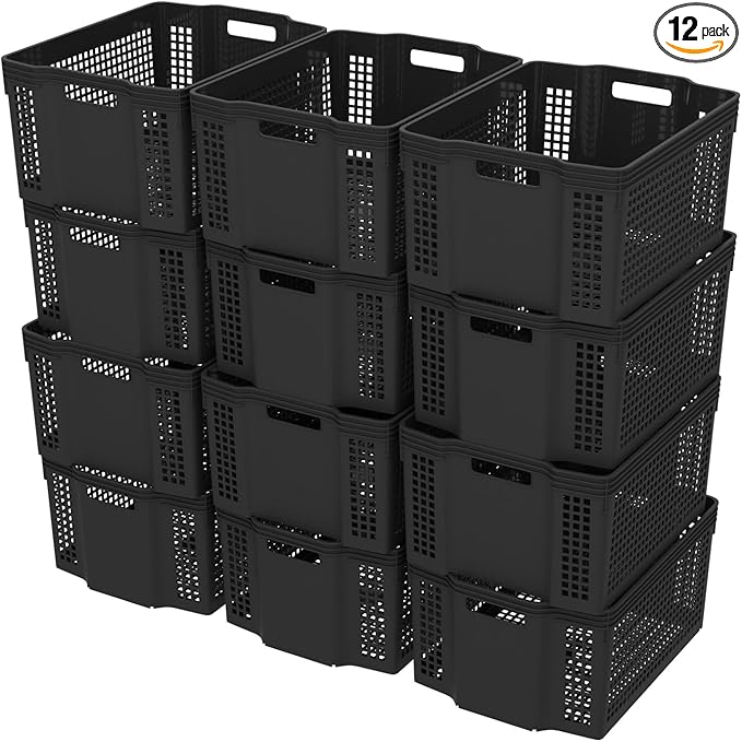Set of 12 Plastic Large Basket for Pantry Organizing, Plastic Stackable Storage Basket Organizer for Shelf, Black