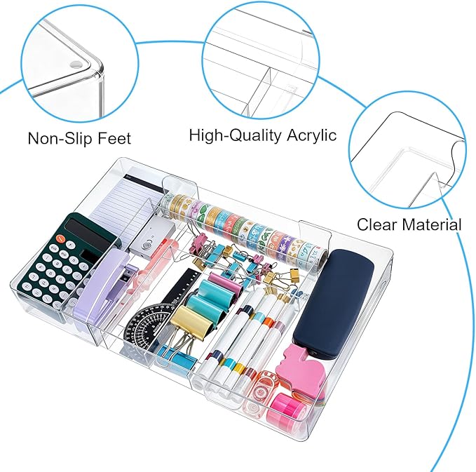 Oqqlin Expandable Acrylic Drawer Organizer, Clear Desk Drawer Organizers Tray with 8 Adjustable Compartments Multifunctional Desk Accessories for Vanity, Office, Kitchen, Bathroom