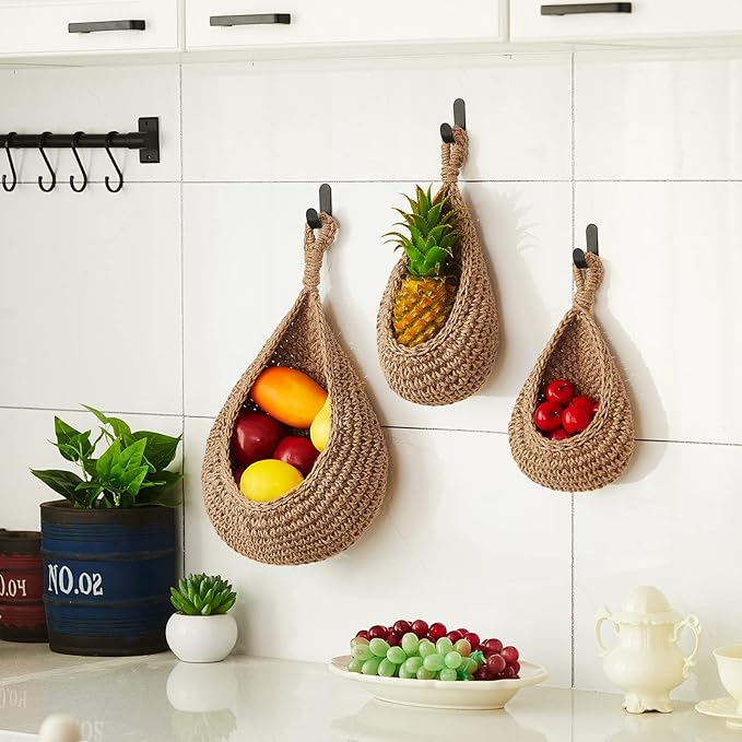 Honeydak Boho Decor Hanging Wall Baskets for Kitchen 3 Pack Teardrop Baskets with Hooks Storage Fruit Onion Vegetable Potato for Home 3 Sizes(Linen,Hemp Rope)