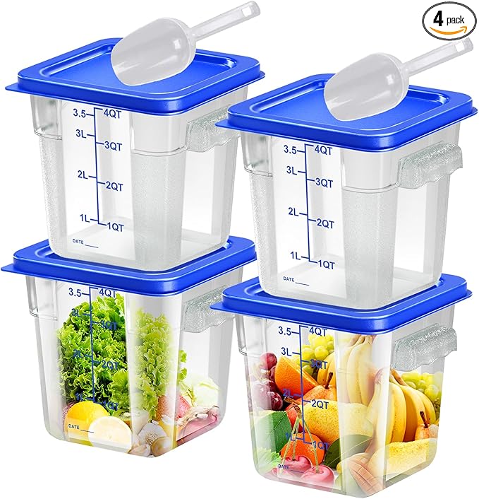 FeyBuosk 4 pcs 4qt Food Storage Containers with Lid, Square Clear Commercial Food Storage Containers with Handle and Scale for Food Storage in Home Kitchen & Dining (Blue)