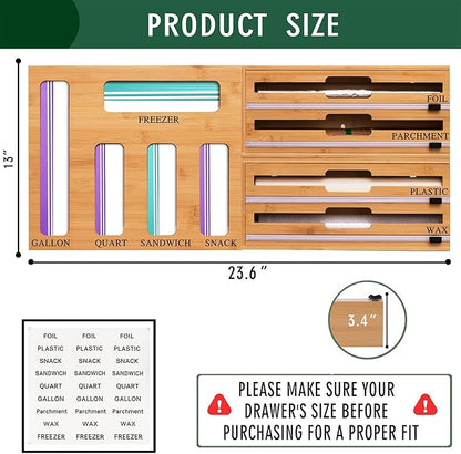 9 In 1 Storage Bag Organizer And Plastic Wrap Dispenser With Cutter, Bamboo Foil and Plastic Wrap Organizer