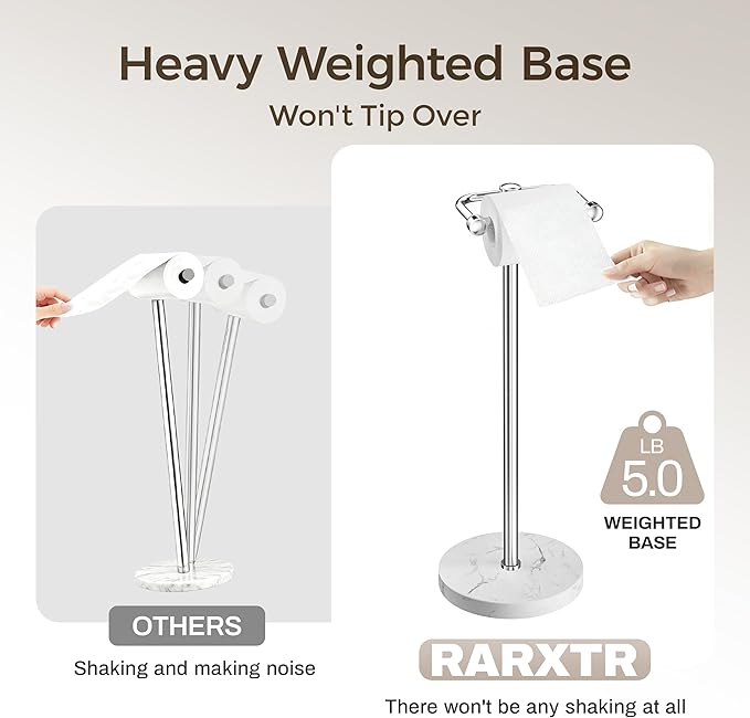 Toilet Paper Holder Stand, Bathroom Free Standing Toilet Paper Stand with Modern Marble Base, Post Pivoting Toilet Paper Stand with Stainless Steel Tissue Rack, Rust-Proof & Heavy Base(Chrome)