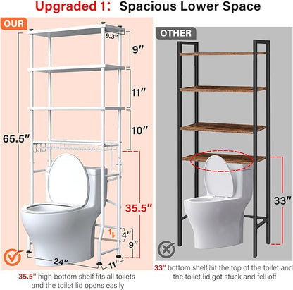 Over the Toilet Storage shelf, 4-Tier Bathroom Organizer Rack, Easy To Install with Adjustable Feet Pad and Basket Freestanding Bathroom Shelves Above Toilet, Space Saver Toilet Storage Cabinet(White)