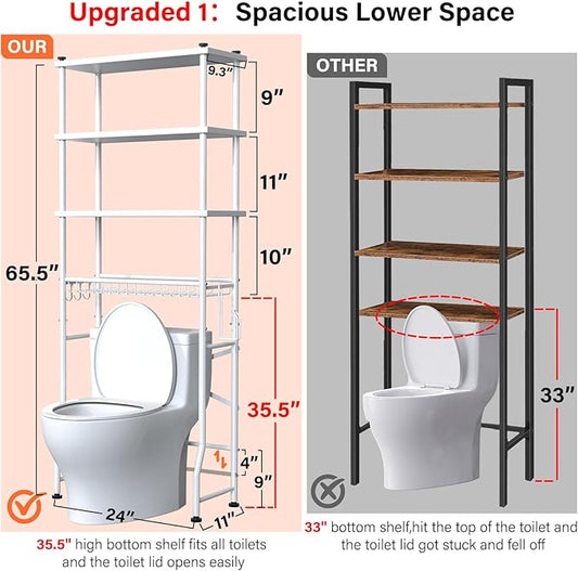 Over the Toilet Storage shelf, 4-Tier Bathroom Organizer Rack, Easy To Install with Adjustable Feet Pad and Basket Freestanding Bathroom Shelves Above Toilet, Space Saver Toilet Storage Cabinet(White)