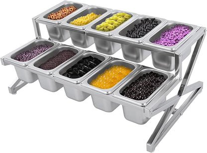 LIYABIN Expandable Stainless Steel Spice Rack Organizer with 10 (1.59 Qt) Lidded Pans, Adjustable 14-25.6 Inch 2-Tier Shelf for Kitchen Counter, Cabinet & Commercial Use