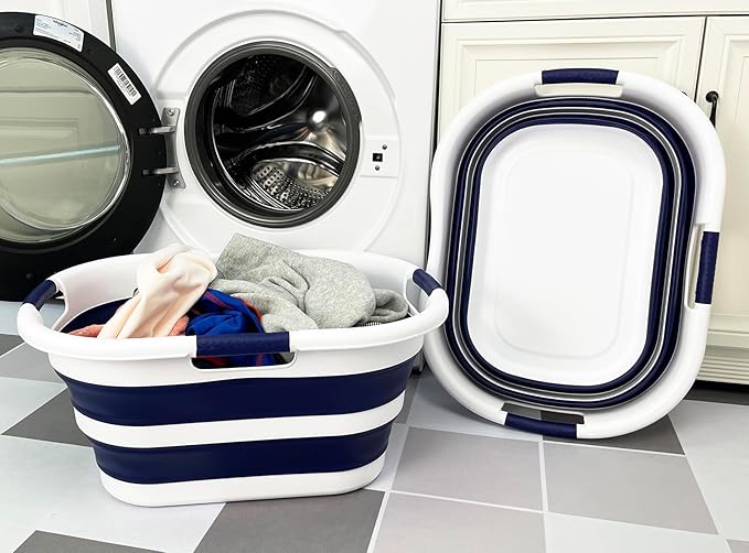 SAMMART 40L (10.5 gallon) Set of 2 Collapsible Plastic Laundry Hamper - Foldable Pop Up Storage Container/Organizer - Portable Washing Tub - Space Saving Basket (2, White/Starry Blue)