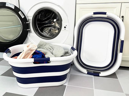 SAMMART 40L (10.5 gallon) Set of 2 Collapsible Plastic Laundry Hamper - Foldable Pop Up Storage Container/Organizer - Portable Washing Tub - Space Saving Basket (2, White/Starry Blue)