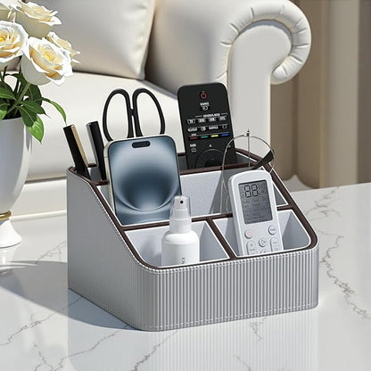 ACUDUDOMA PU Leather Remote Control Organizer Holder, 4-Compartment Small Desk Organizer, All-in-One Desk & Nightstand Caddy for Remotes, Phones, Glasses & Office Accessories
