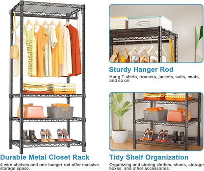 Ulif H4 Mini Portable Closet, 4 Tiers Freestanding Clothing Garment Rack for Small Space, Metal Clothes Wardrobe System for Bedroom, 23.6" W x 14" D x 76.4" H, Load 502 lbs, Black