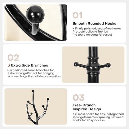 Freestanding Rubberwood Coat Rack, 11 Hooks & 16.5" Wide Round Base, Wooden Coat Rack Stand, Coat Hanger Free Standing Hall Tree for Entryway, Hallway, Bedroom, Jacket, Clothes (Black)