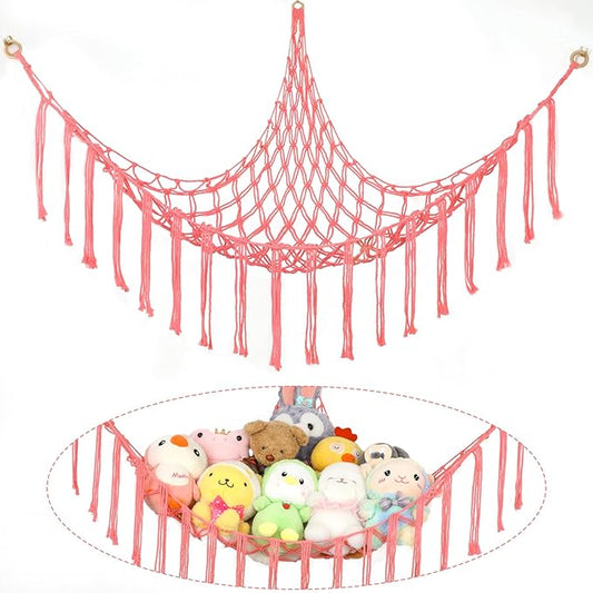 Stuffed Animal Hammock Corner, Hand-knitted Large Plushie Net Toy Hammock with Wooden Rings | Boho Cute Stuff Animal Storage for Nursery & Bedroom | Mesh Kids Toy Organizer Holder Nursery Room Decor