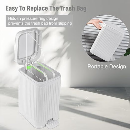 rejomiik Small Bathroom Trash Can with Lid Slim Soft Close Garbage Can Step Wastebasket Container Trash Bin for Office Bedroom Kitchen Living Room (2.6 Gallon White)