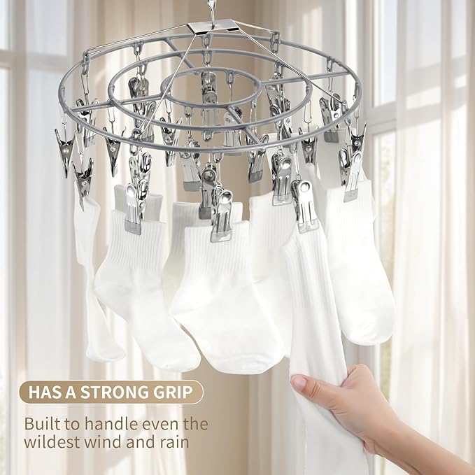 PHYDELU 2PCS Drying Rack Clothing with 24 Clips，Sock Hanger for Drying，Hanging Clothes Dryer Underwear Hangers Racks Laundry Socks Panty Wet Bra Lingerie Baby Delicates Foldable Small Indoor Metal