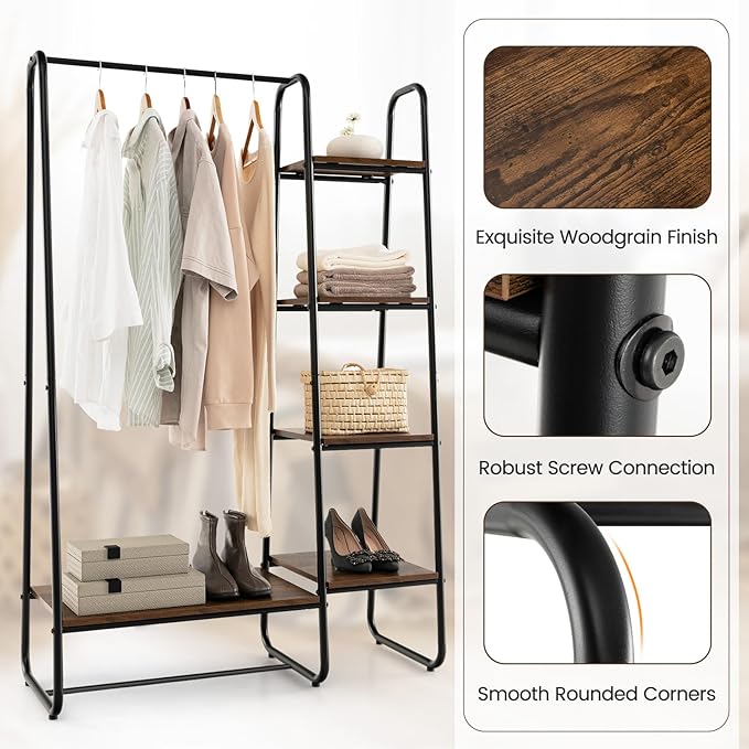 Tangkula Garment Rack with Shelves, Clothes Rack with 5 Shelves & Hanging Bar, Open Wardrobe for Hanging Clothes and Storage, Free Standing Closet Organizer, Clothing Rack for Bedroom Entryway