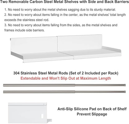 Expandable Under Cabinet Shelf Organizer with 0.94-Inch Thick Clips, Heavy Duty Extendable Under Shelf Storage Basket for Pantry or Laundry Room, White, 2 Pack, Interior: 5.7" H x 7.2" D