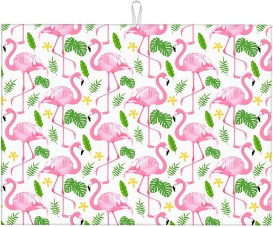 Pink Flamingo Leaf Dish Drying Mat 18x24 For Kitchen Counter Absorbent Microfiber Dishes Pad Dish Drainer Rack Mats Fast Dry Kitchen Accessories