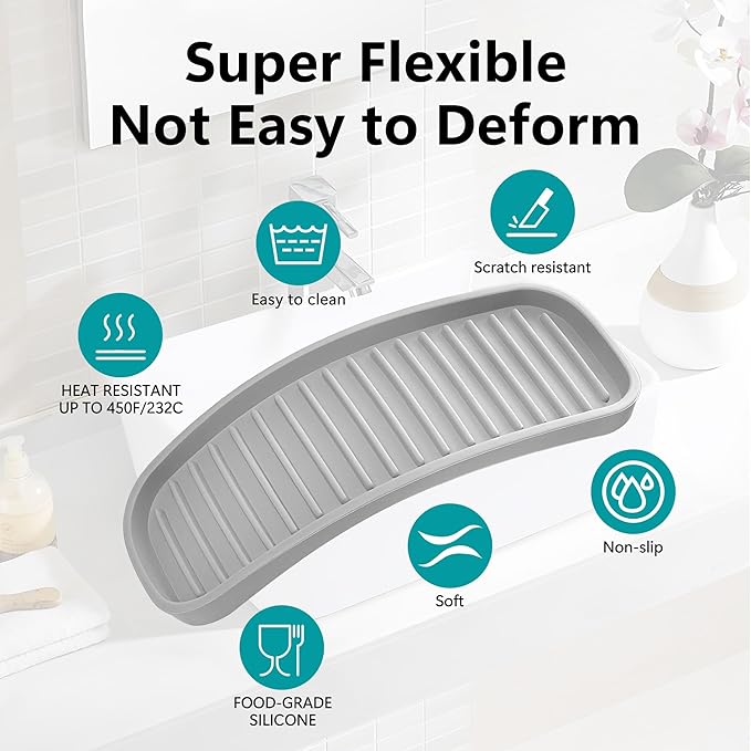 Gosmol Silicone Sponge Holder 2 Pack, Dish Soap Holder for Kitchen Counter, Waterproof Sponge Soap Tray for Kitchen Sink Bathroom, Multipurpose Sink Caddy Organizer for Soap Dispenser Light Grey