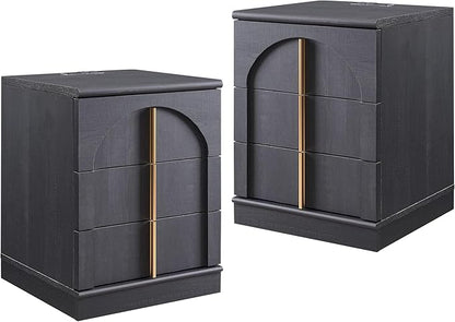 ACCOHOHO Modern Night Stand Set 2 with Arched Panel, 18" Nightstand with Charging Station, Side Table with 3 Storage Drawers, Wood Square Bedside End Table for Bedroom Living Room, Black