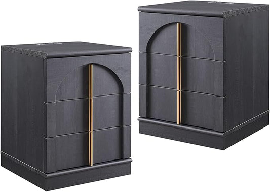 ACCOHOHO Modern Night Stand Set 2 with Arched Panel, 18" Nightstand with Charging Station, Side Table with 3 Storage Drawers, Wood Square Bedside End Table for Bedroom Living Room, Black