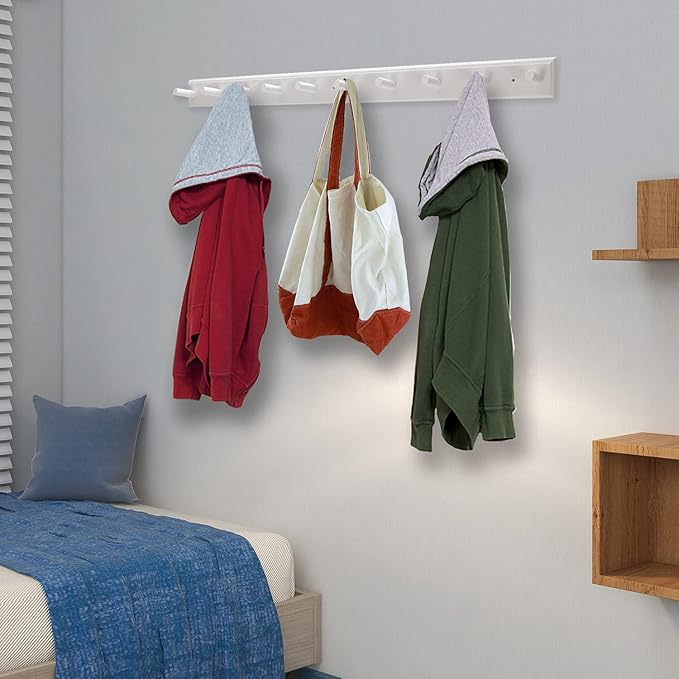 10 Hook Coat Rack Wall Mounted, Long 38 Inches Wooden Wall Coat Hanger with 10 Pegs, 16'' Hole to Hole Wall Coat Hooks for Hanging Towels, Hats, Backpacks, Clothing, Caps (White