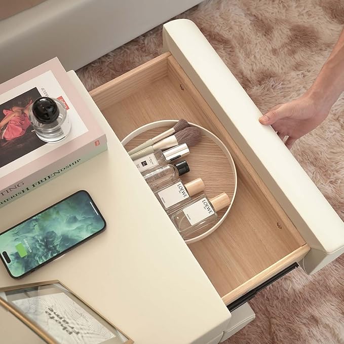 homary Smart Nightstand with Wireless Charging, USB & Type-C Ports – Modern White Leather Night Stand with 2 Drawers, Bedside Table for Bedroom