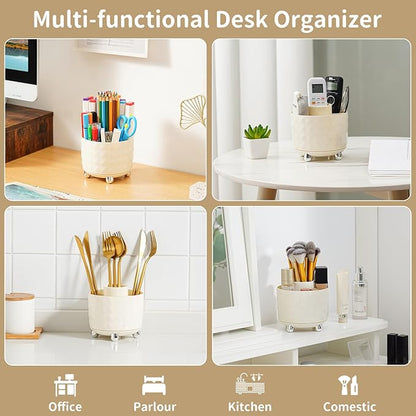 Marbrasse Desk Organizer, 360-Degree Rotating Pen Pencil Holder for Desk, Desk Organizers and Accessories with 5 Compartments Pencil Organizer (Milky white)