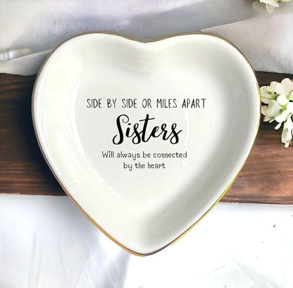 HatafaFurni Ring Dish Gift for Sister From Sister - Side By Side Or Miles Apart Sisters Will Always Be Connected By The Heart - Wedding Gift, Christmas Gift for Sister - Jewelry Dish,Ceramic Ring Dish