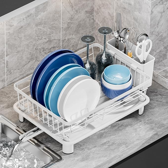 GAOKASE Dish Drying Rack, Space-Saving Dish Rack, Dish Racks for Kitchen Counter, Drying Rack Kitchen with Removable Utensil Holder, and Automatic Drainage Drainboard, 11''W x 15''L, White