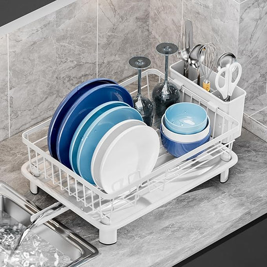GAOKASE Dish Drying Rack, Space-Saving Dish Rack, Dish Racks for Kitchen Counter, Drying Rack Kitchen with Removable Utensil Holder, and Automatic Drainage Drainboard, 11''W x 15''L, White
