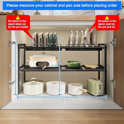 Mustorn Pots and Pans Organizer Under Cabinet, Expandable 1 Tier Under Sink Organizers and Storage Adjustable Height Kitchen Pot and Pan Lid Holder Rack with 6 Dividers Under Cabinet Shelf(Black)