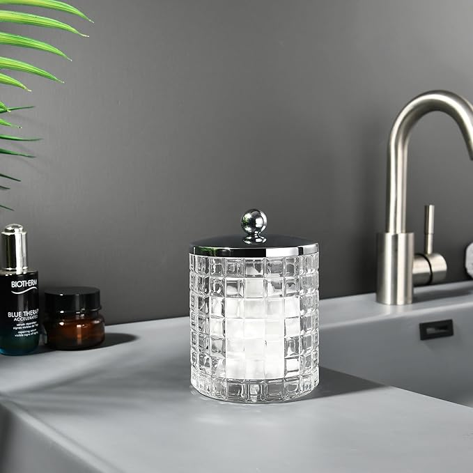 Indecor Home Glass Cotton Jar Holder Silver Lid, Elegant Bathroom Storage Canister for Qtips, Cotton Balls, Floss, Makeup Organizer, Vanity Bathroom Organization