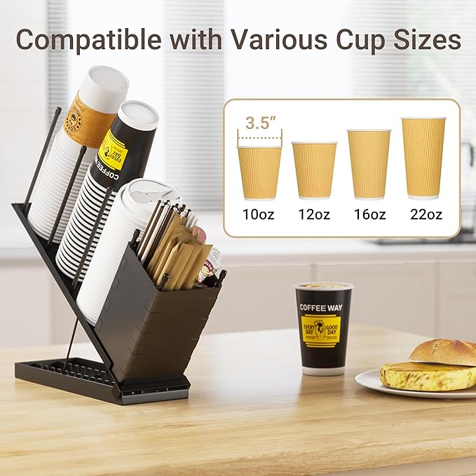 Dunatou Cup and Lid Holder, Adjustable Coffee Cup Holder Organizer, 4 Compartment Coffee Cup Dispenser, Straw Dispenser for Countertop, Coffee Station Bar, Office Breakroom, Black