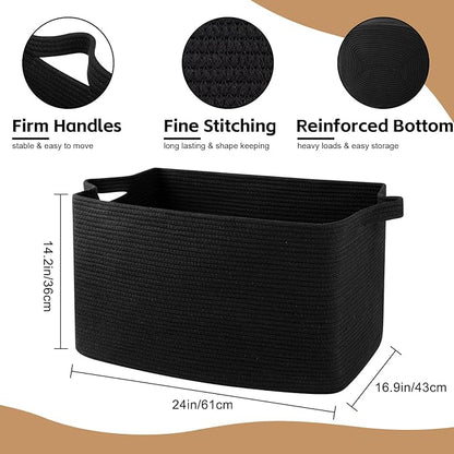 95L Large Blanket Basket, Black Blanket Storage Living Room, Rectangle Woven Baskets for Storage Toys, Towels, Dirty Clothes Organizer Bins (Black)