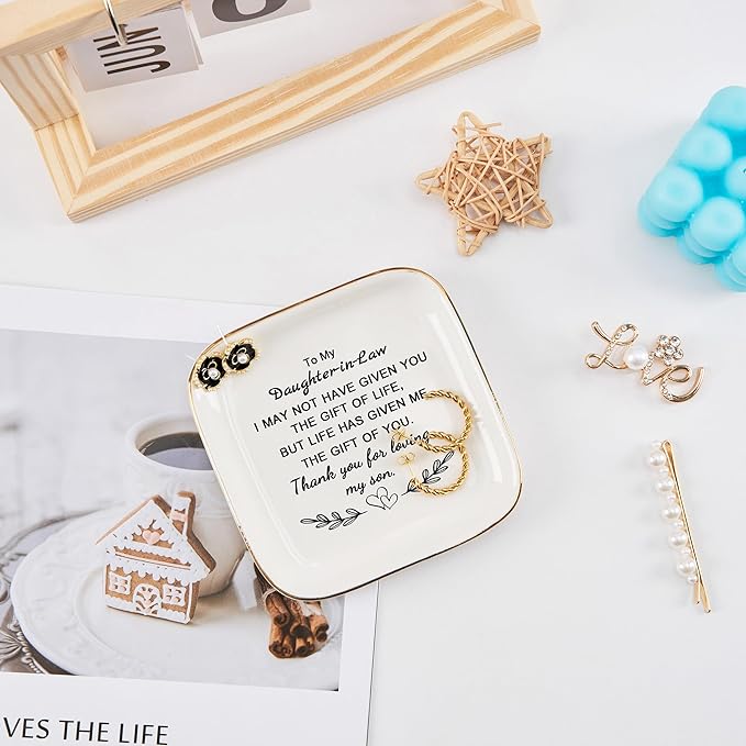 COZITED Daughter in Law Gifts from Mother in Law - Jewelry Dish Tay for Daughter in Law Birthday Christmas Valentines Mother's Day Wedding Gift for Daughter in Law - Thank You for Loving My Son